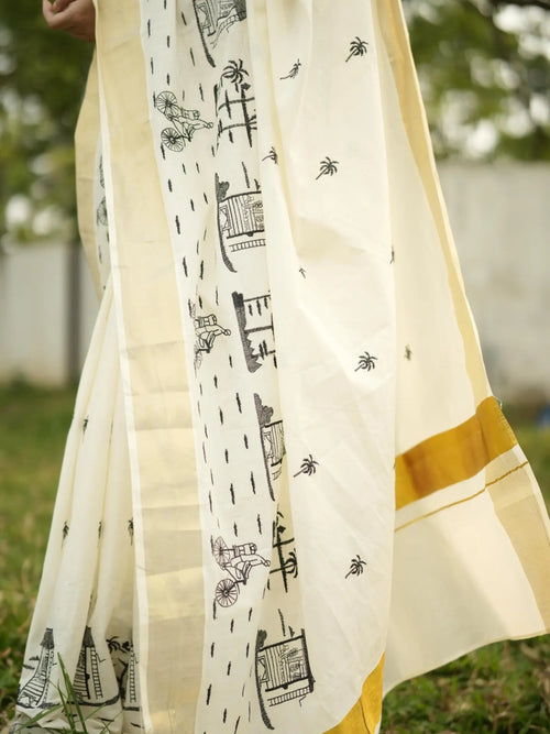 Chaya kada theme embroidery premium cotton kerala saree