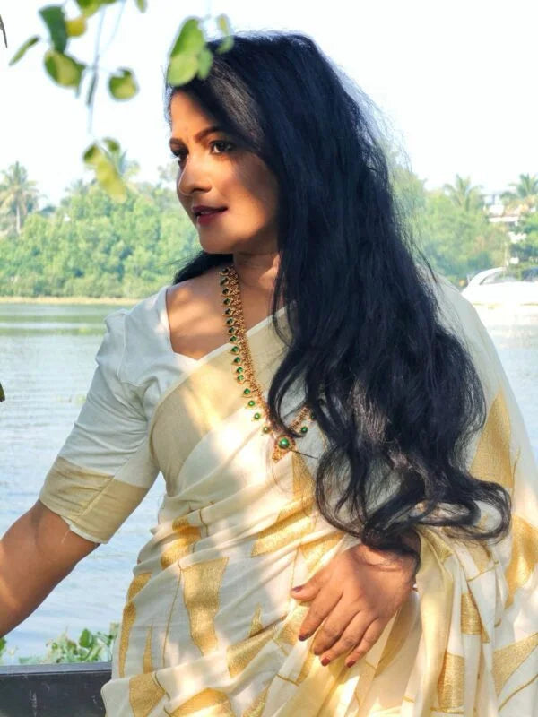 Diamond gold kasavu Embroidery cotton saree