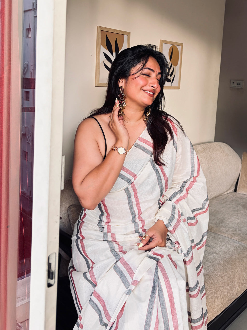 Malarvadi  : Mulloth Stripes Saree with tussles (handloom replica)