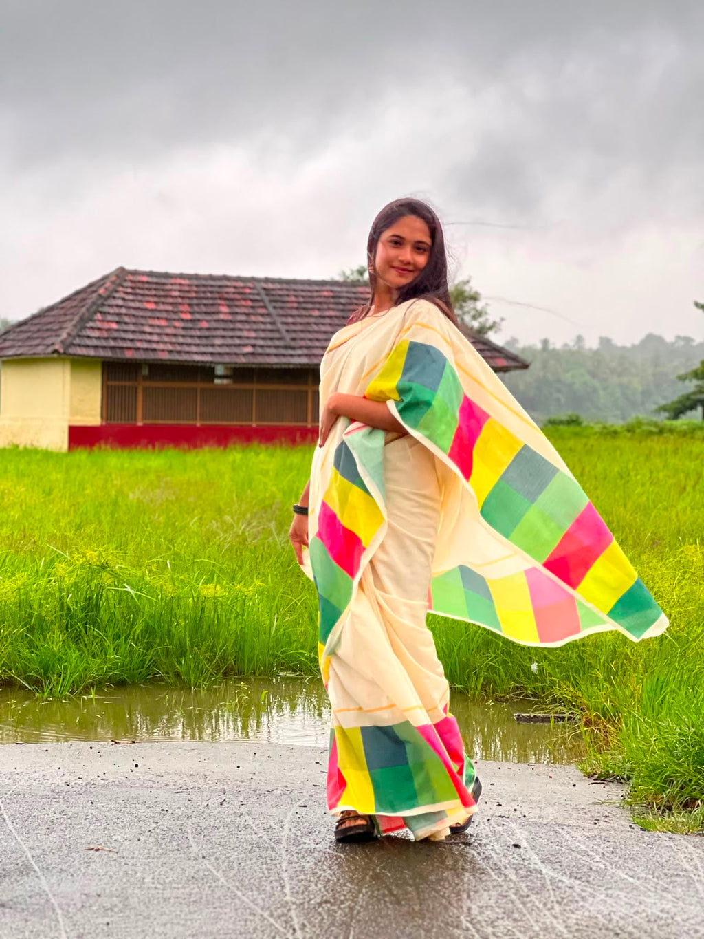 Madras check saree   Pure cotton digital printed